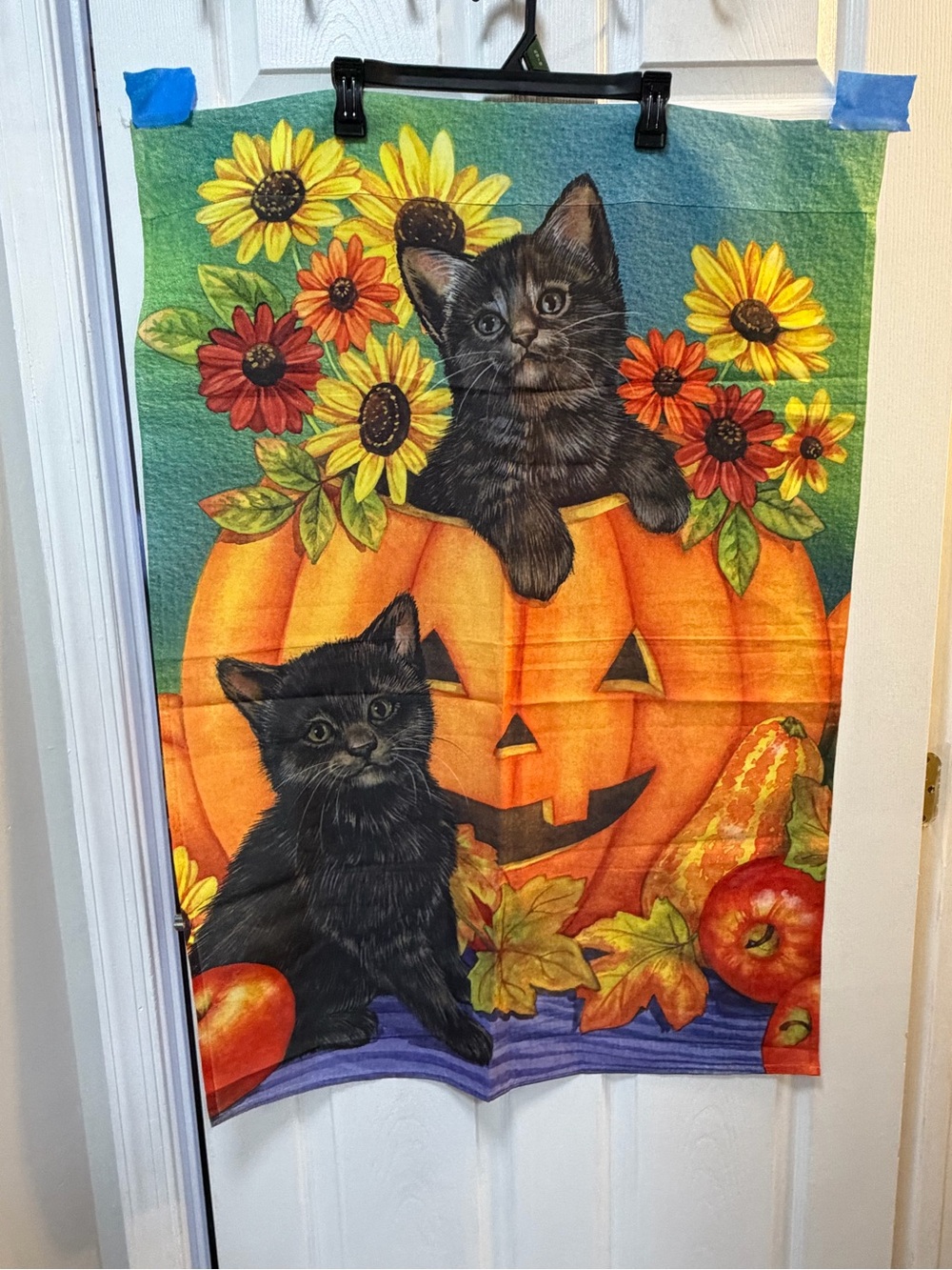 Festive Halloween Cat House Flag with Black Kittens and Pumpkins